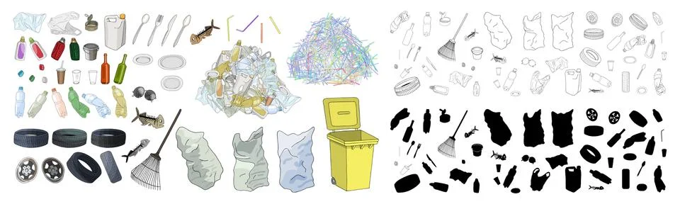 Large set of garbage on white background. Hand drawn vector illustration. Stock Illustration