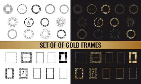 Large set of golden vector frames, isolated objects on white background Stock Illustration