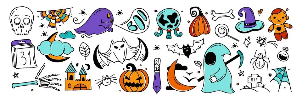 Large set of Halloween elements Doodle style vector design Illustration Isola Stock Illustration