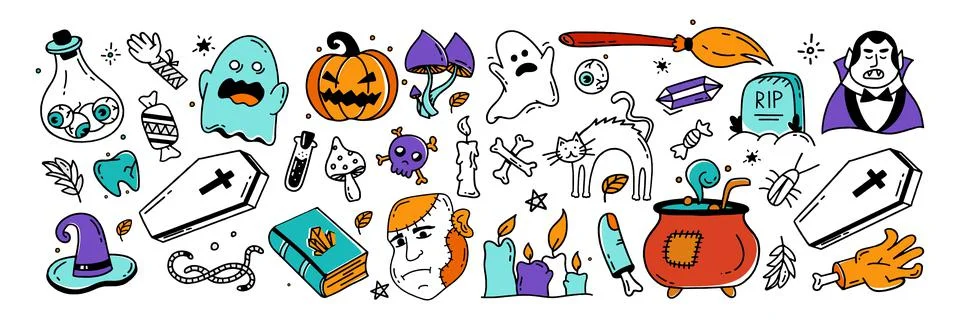 Large set of Halloween elements Doodle style vector design Illustration Isola Stockillustratie