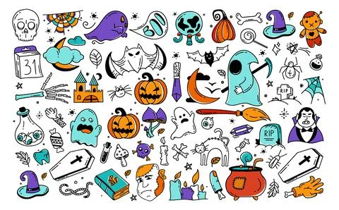Large set of Halloween elements Doodle style vector design Illustration Isola 스톡 일러스트