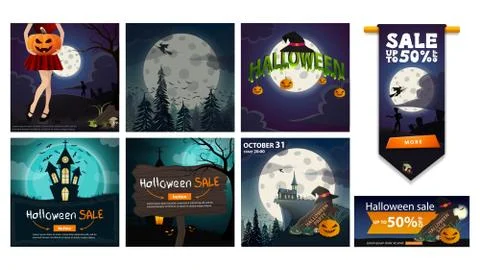 Large set Halloween posters, backgrounds, illustrations and banners isolated  Stock Illustration