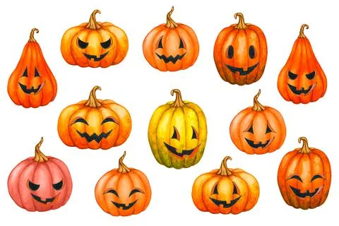 A large set of Halloween pumpkins of various shapes. Watercolor illustration. Stock Illustration