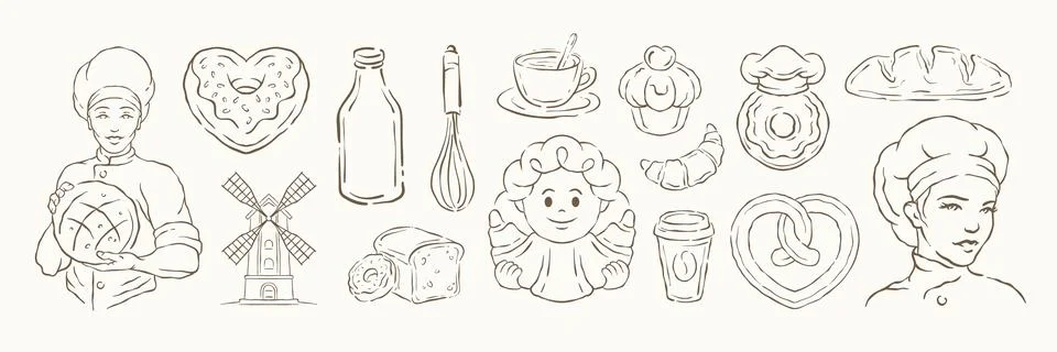 A Large Set Of Hand Drawn Bakery And Baking Doodle Elements Vector Illustrati Stock Illustration