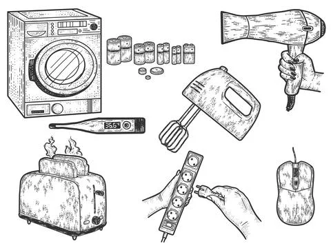 Large set of home electrical appliances. Sketch scratch board imitation. Stock Illustration