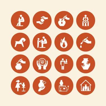 A large set of icons on the theme of pottery. Various vases, potters, figurines Stock Illustration