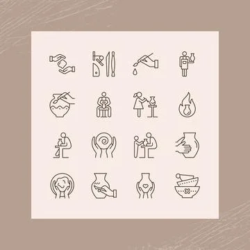 A large set of icons on the theme of pottery. Icons in linestyle for pottery. Stock Illustration