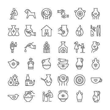 A large set of icons on the theme of pottery. Various vases, potters, figurines Stock Illustration