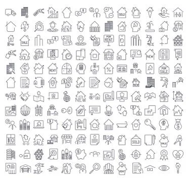 A large set of icons on the topic of real estate. Icons for sites, programs,  Stock-Illustration