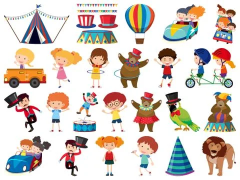Large set of isolated objects of children and circus Stock Illustration