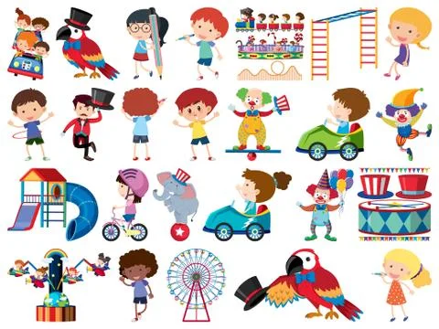 Large set of isolated objects of kids and circus Ilustração Stock