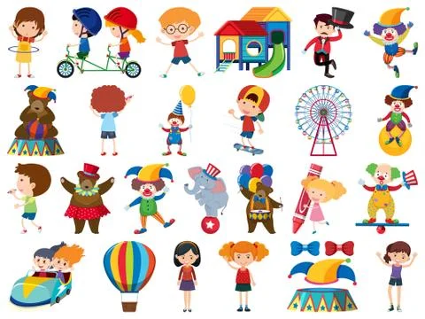 Large set of isolated objects of kids and circus Ilustração Stock