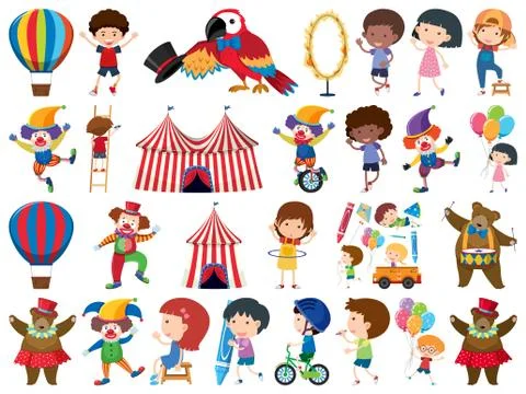 Large set of isolated objects of kids and circus Stock Illustration