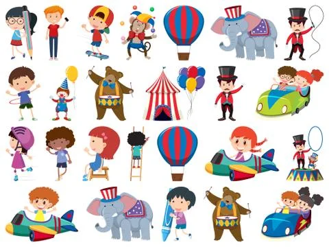 Large set of isolated objects of kids and circus Ilustração Stock