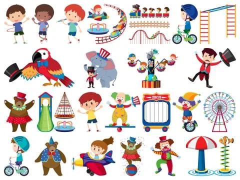 Large set of isolated objects of kids and circus Stockillustratie