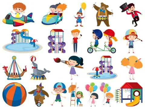 Large set of isolated objects of kids and circus Ilustração Stock