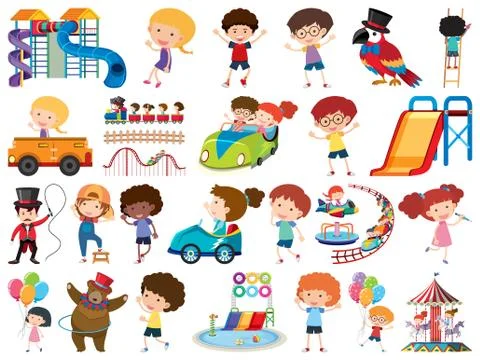 Large set of isolated objects of kids and circus Stockillustratie