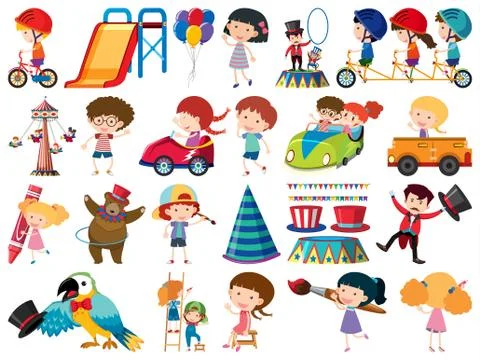 Large set of isolated objects of kids and circus Stock Illustration