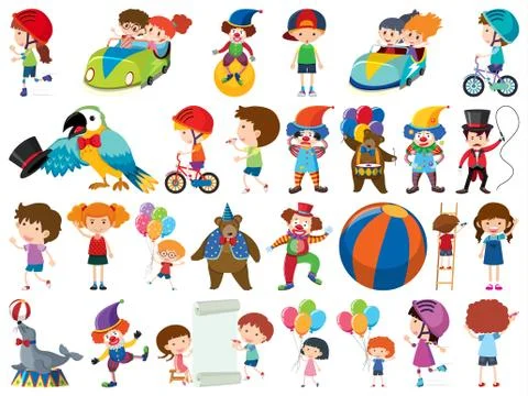 Large set of isolated objects of kids and circus Stockillustratie