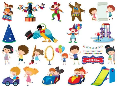 Large set of isolated objects of kids and circus Ilustração Stock