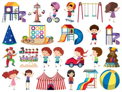 Large set of isolated objects of kids and circus Ilustração Stock
