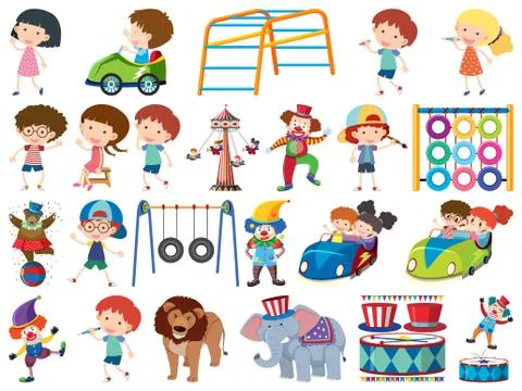 Large set of isolated objects of kids and circus Illustrazione stock