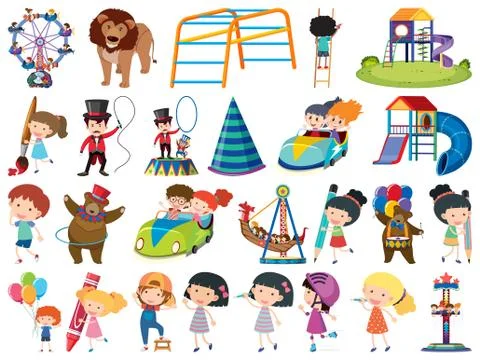 Large set of isolated objects of kids and circus Stockillustratie
