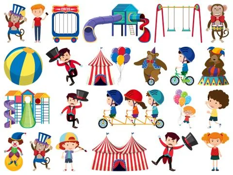Large set of isolated objects of kids and circus Ilustración de archivo