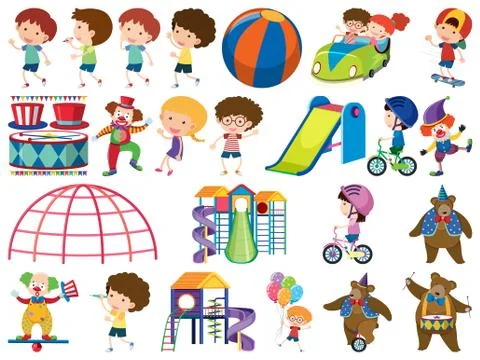Large set of isolated objects of kids and circus Ilustração Stock