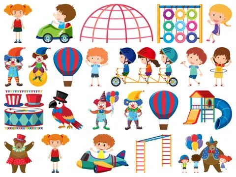 Large set of isolated objects of kids and circus 스톡 일러스트