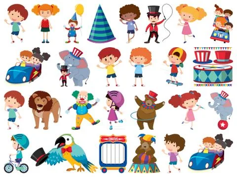 Large set of isolated objects of kids and circus Stockillustratie