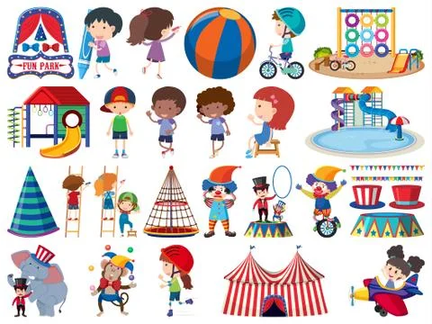 Large set of isolated objects of kids and circus Ilustração Stock
