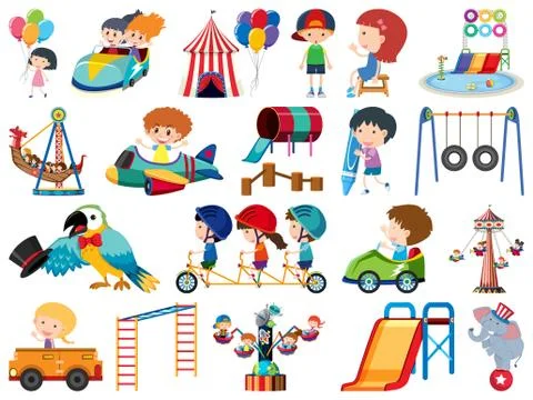 Large set of isolated objects of kids and circus Ilustração Stock