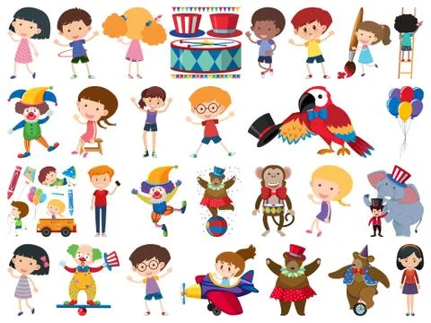 Large set of isolated objects of kids and circus Ilustración de archivo
