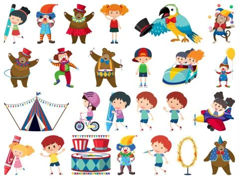 Large set of isolated objects of kids and circus Stockillustratie