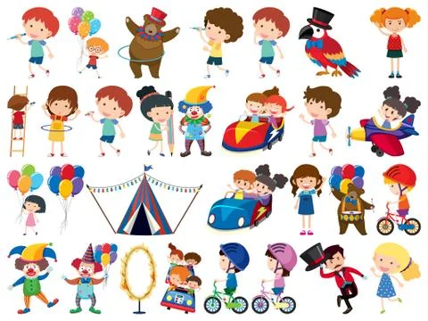 Large set of isolated objects of kids and circus Stock Illustration