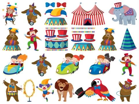 Large set of isolated objects of kids and circus Stockillustratie