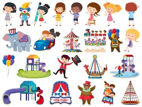 Large set of isolated objects of kids and circus Illustrazione stock