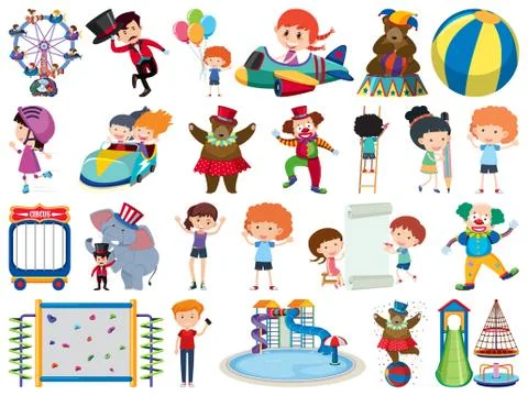 Large set of isolated objects of kids and circus Illustrazione stock