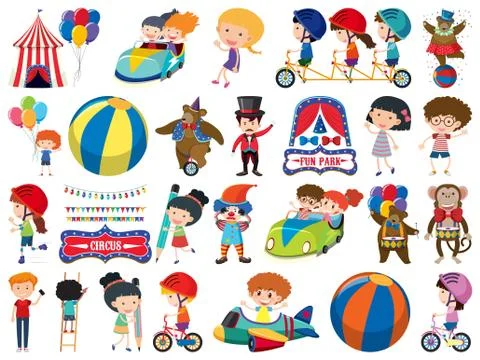 Large set of isolated objects of kids and circus Illustrazione stock
