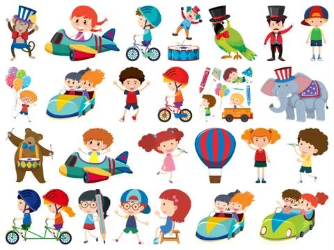 Large set of isolated objects of kids and circus Ilustração Stock