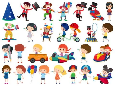 Large set of isolated objects of kids and circus Stockillustratie