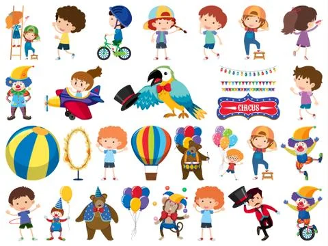 Large set of isolated objects of kids and circus Stock Illustration