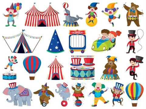 Large set of isolated objects of kids and circus Illustrazione stock
