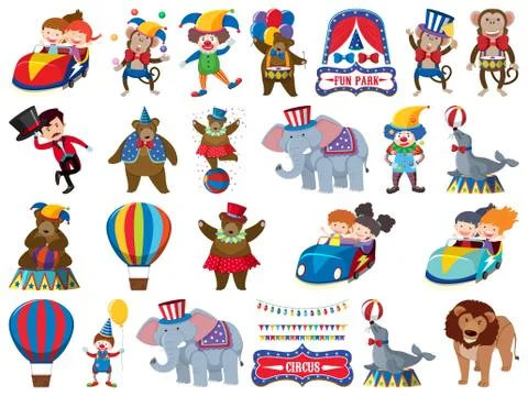 Large set of isolated objects of kids and circus Illustrazione stock