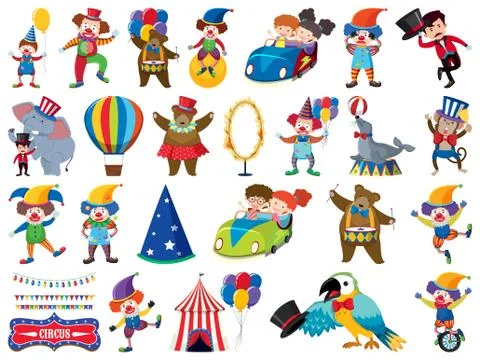Large set of isolated objects of kids and circus Stock Illustration