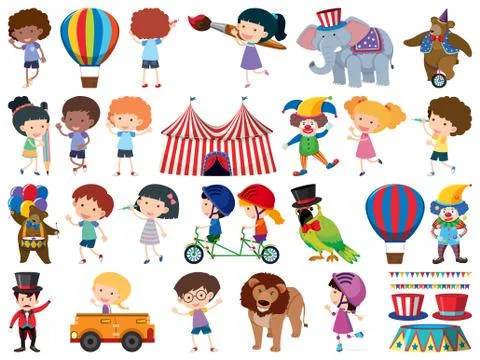 Large set of isolated objects of kids and circus Illustrazione stock
