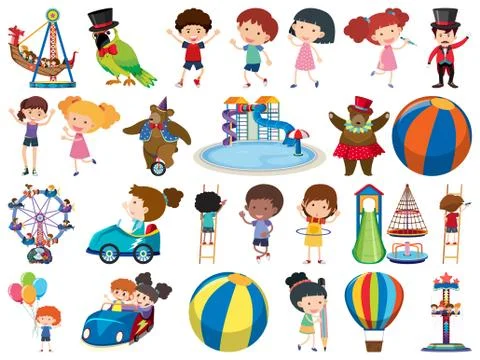 Large set of isolated objects of kids and circus Illustrazione stock