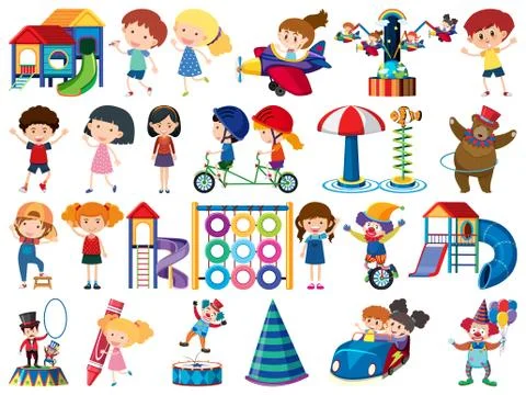 Large set of isolated objects of kids and circus Ilustração Stock