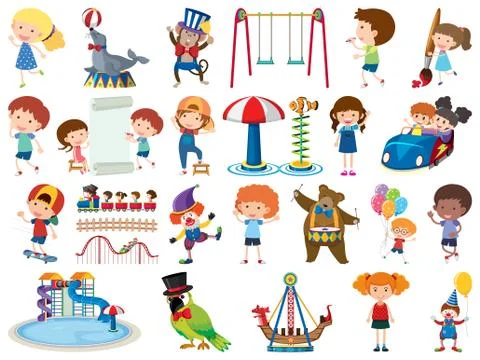 Large set of isolated objects of kids and circus 스톡 일러스트